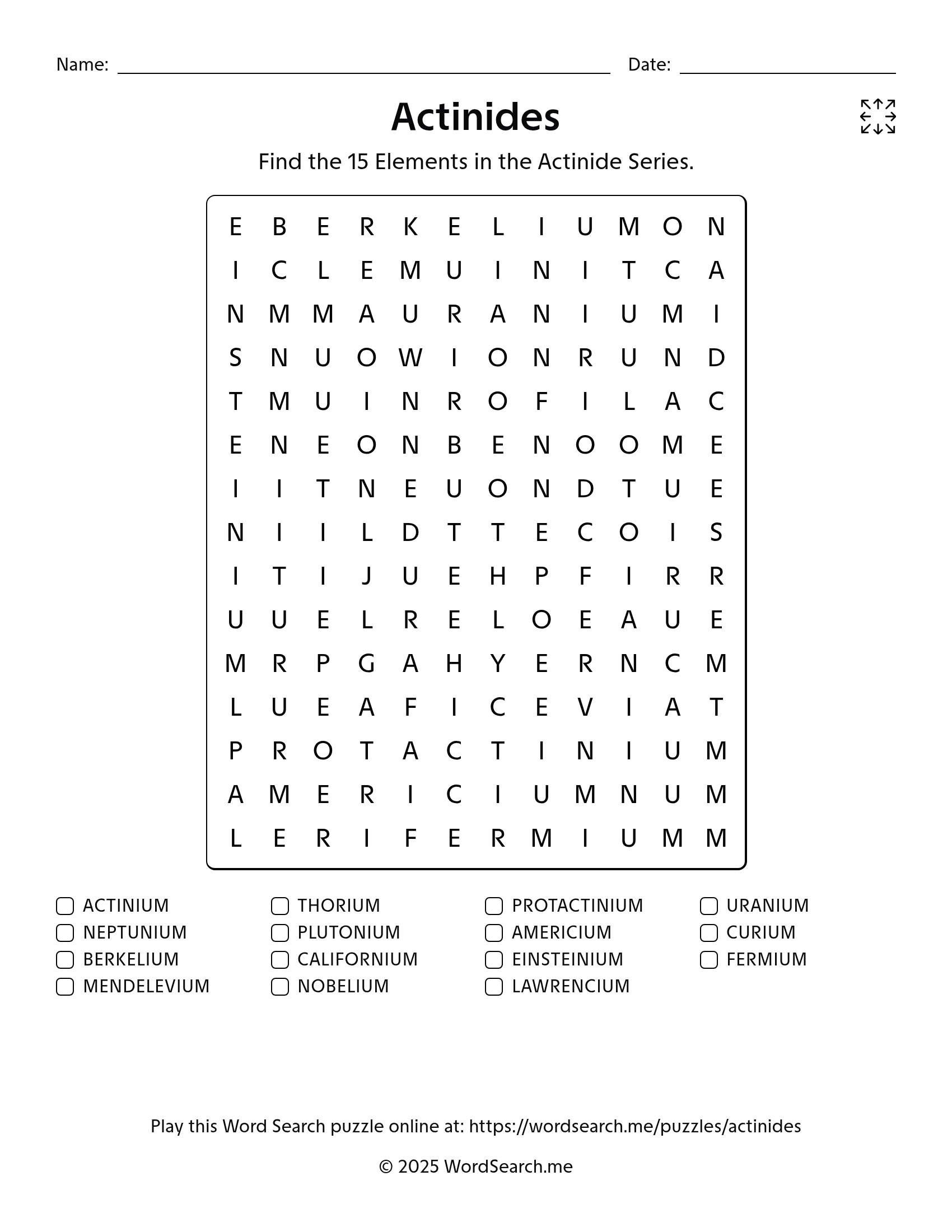 Actinides Word Search PDF