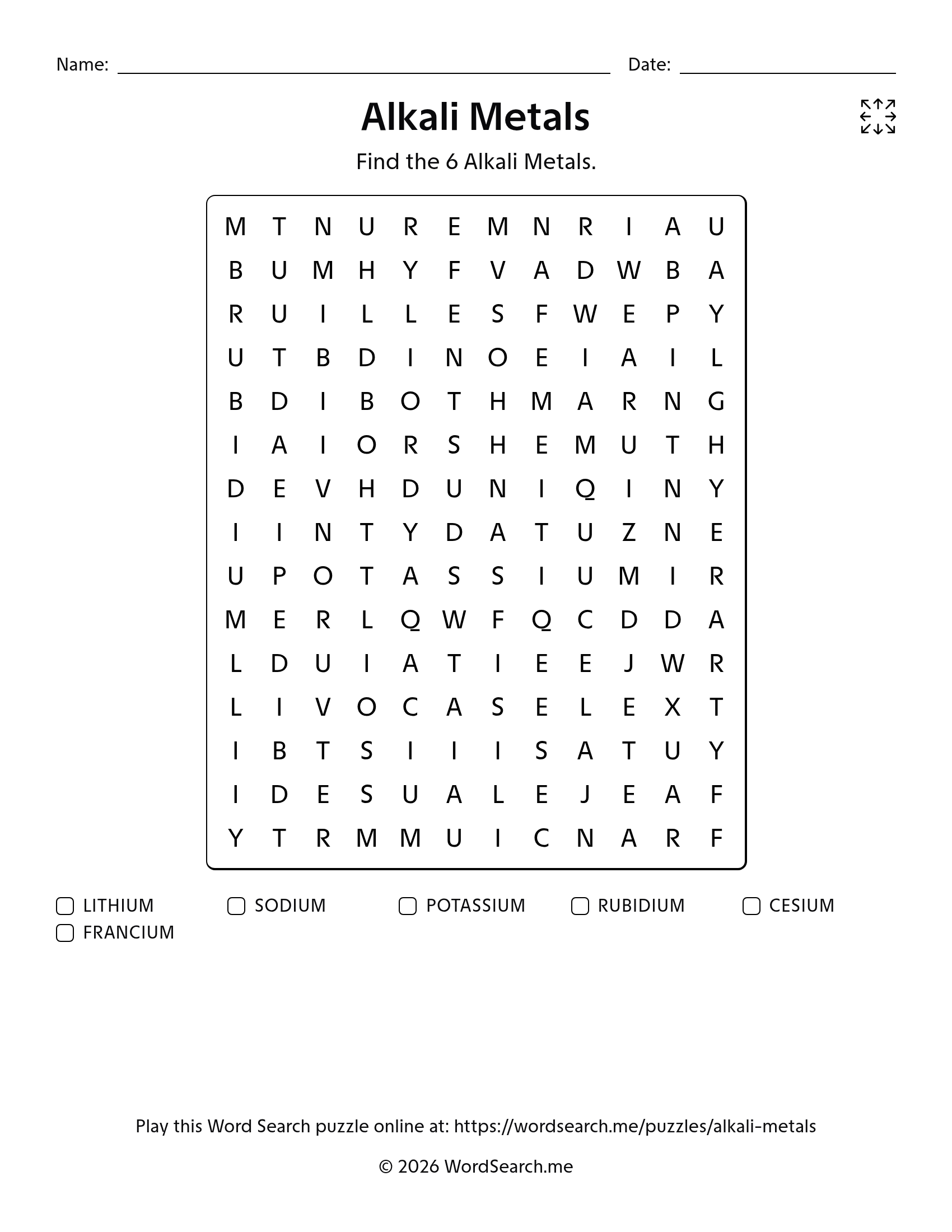 Alkali Metals Word Search PDF