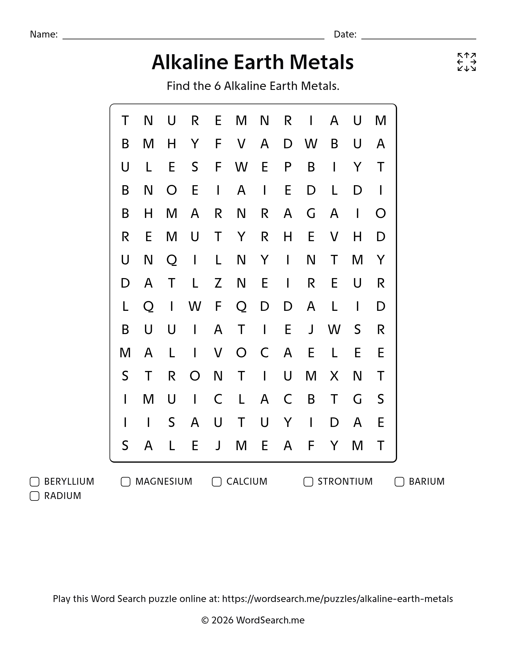 Alkaline Earth Metals Word Search PDF
