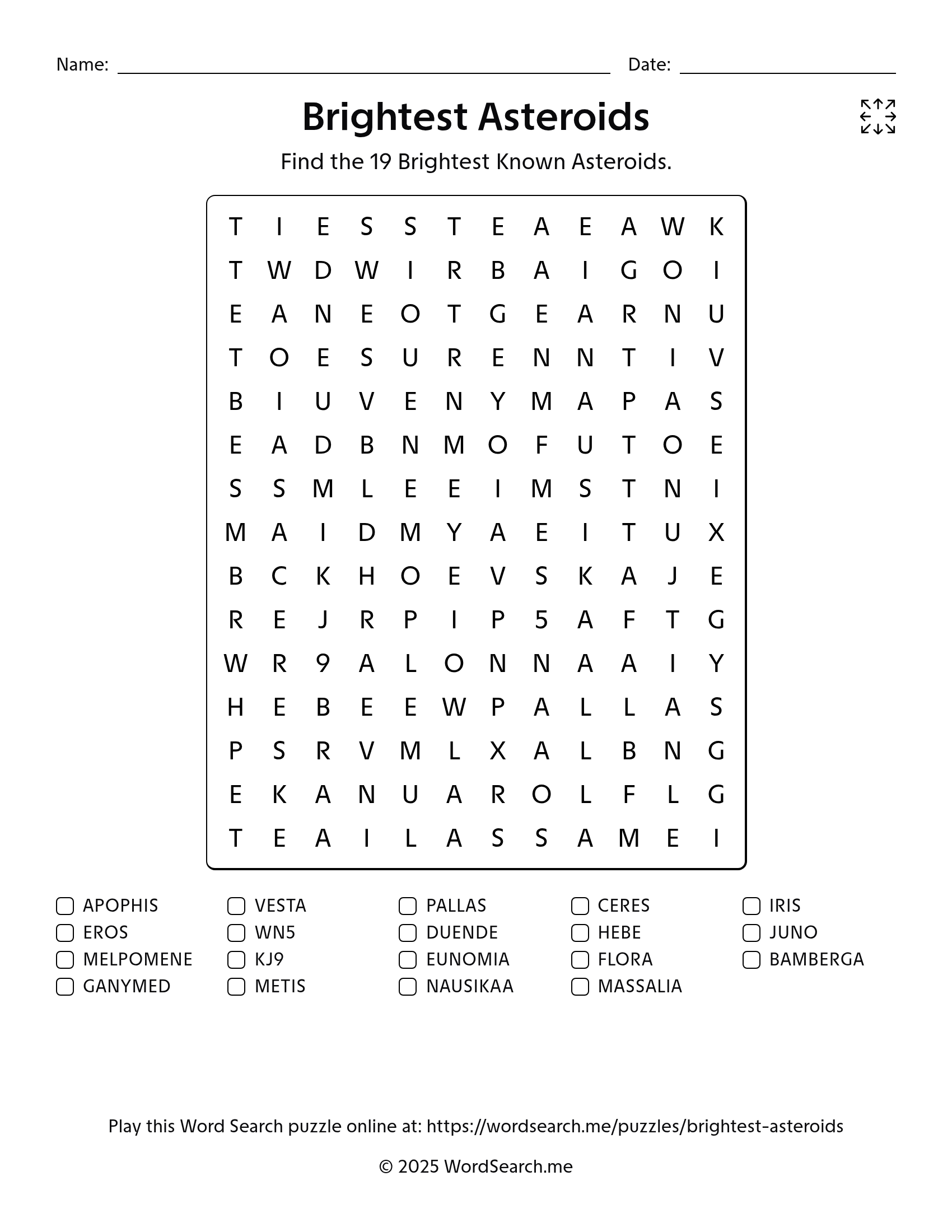 Brightest Asteroids Word Search PDF