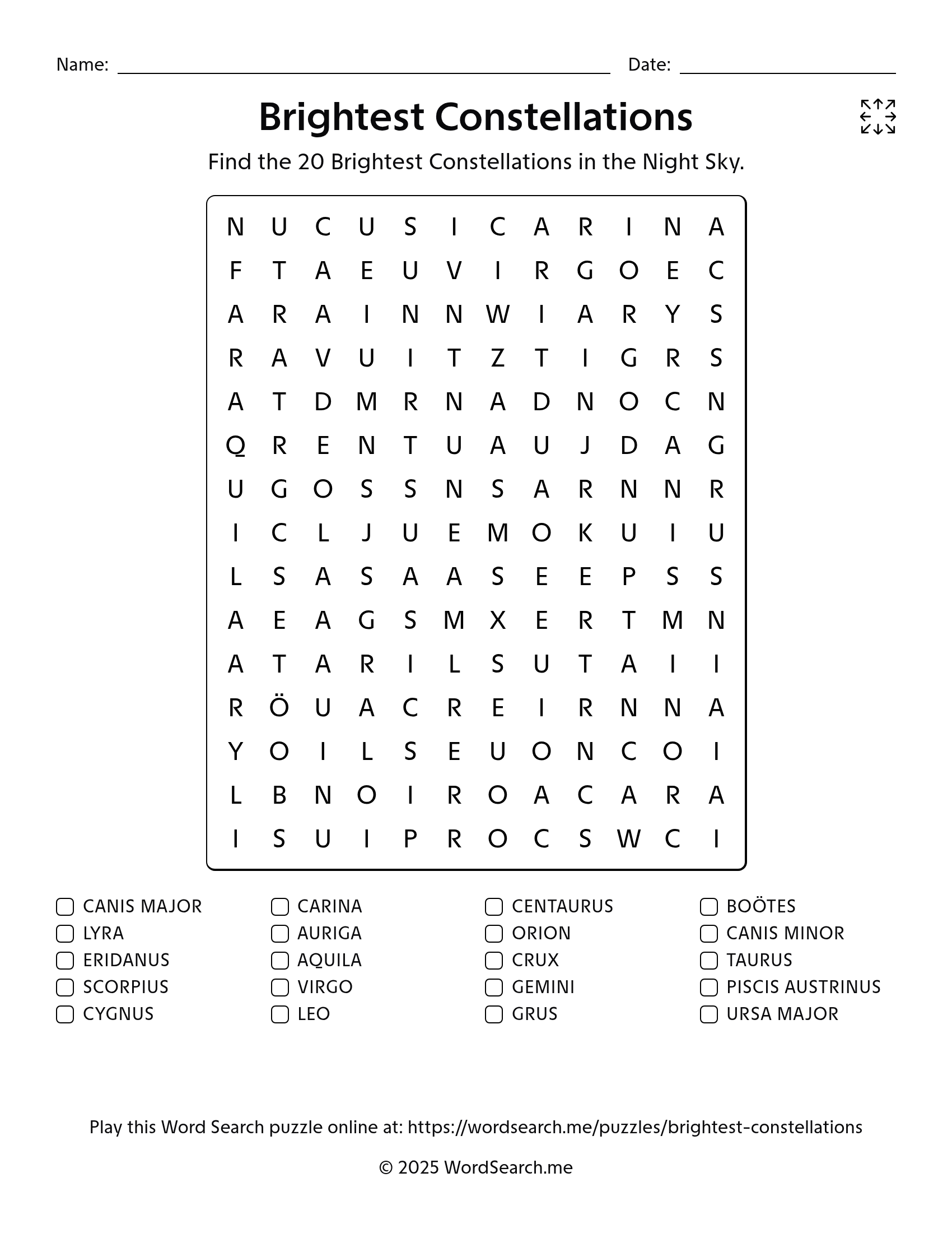 Brightest Constellations Word Search PDF