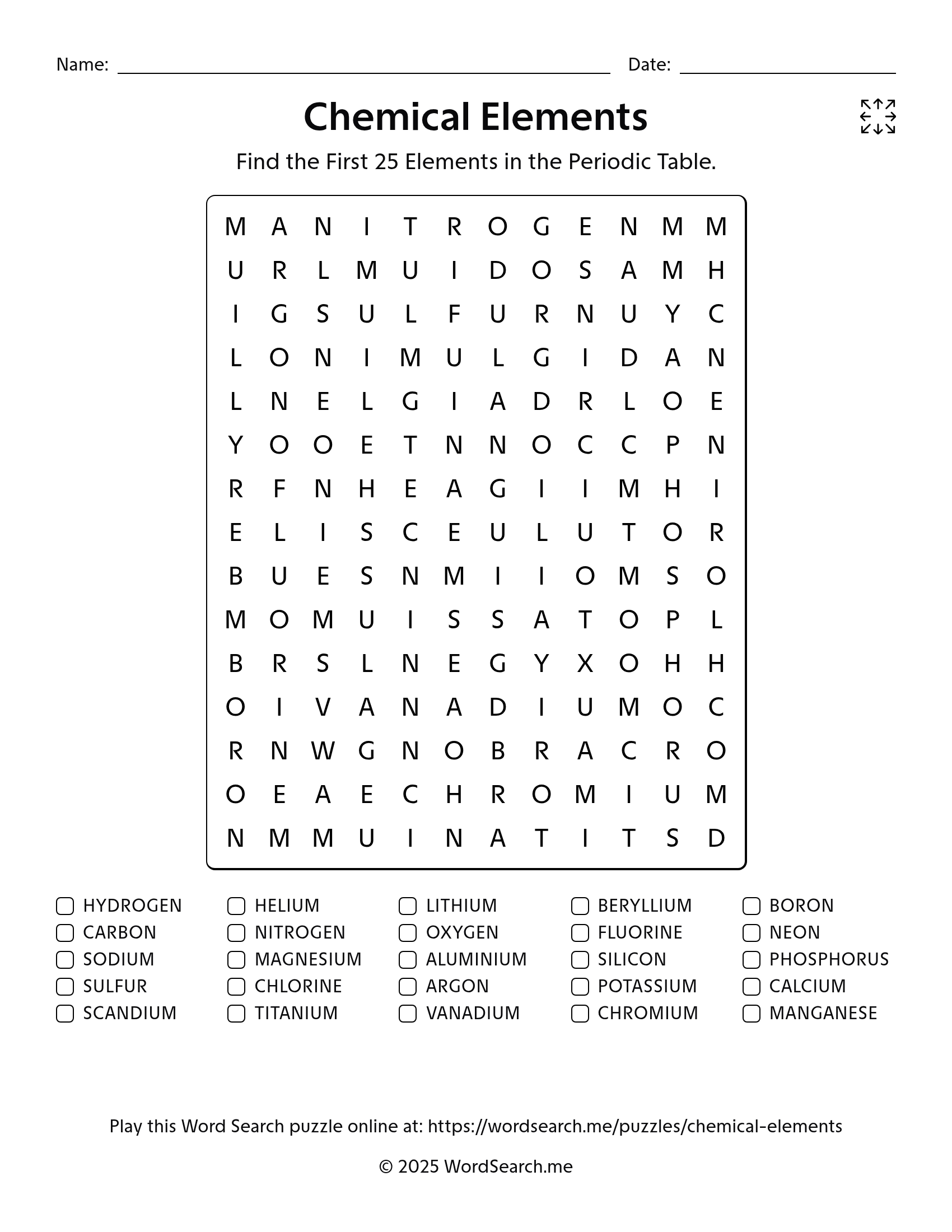 Chemical Elements Word Search PDF