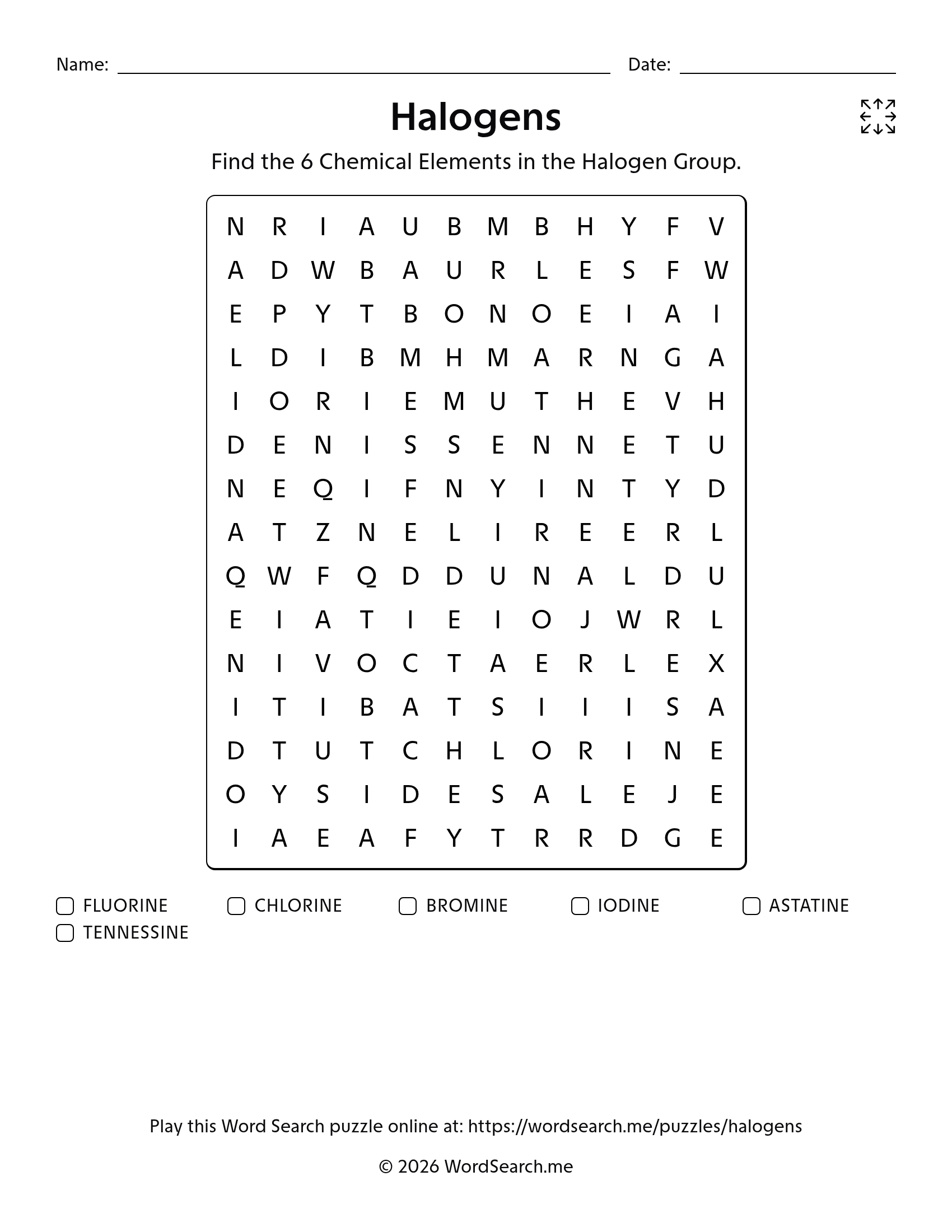 Halogens Word Search PDF