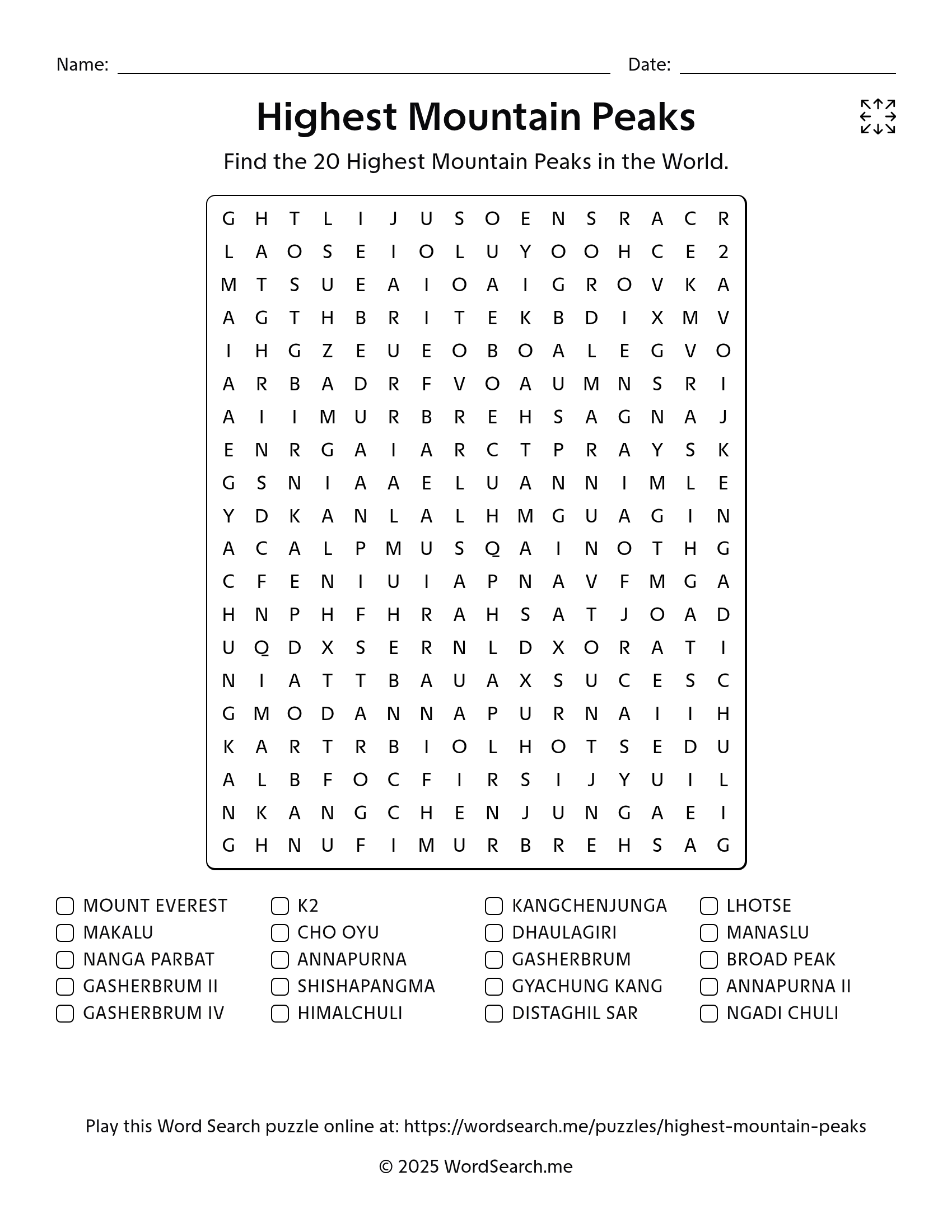 Highest Mountain Peaks Word Search PDF