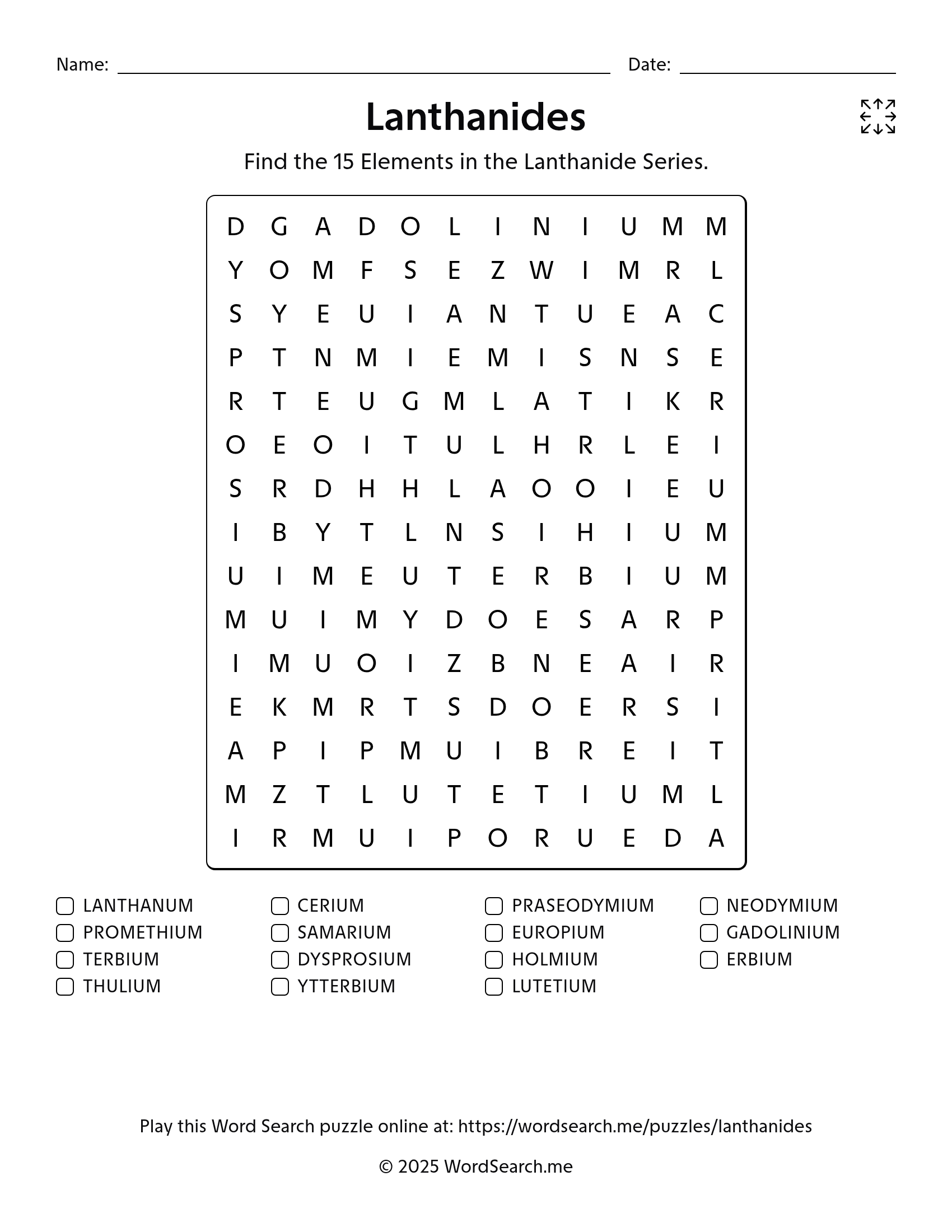 Lanthanides Word Search PDF