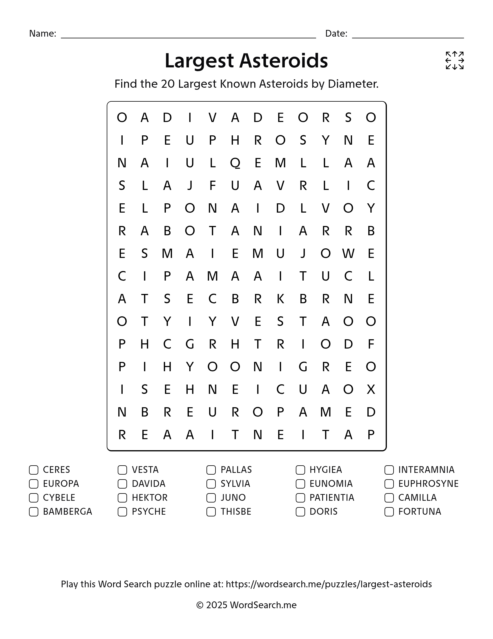 Largest Asteroids Word Search PDF