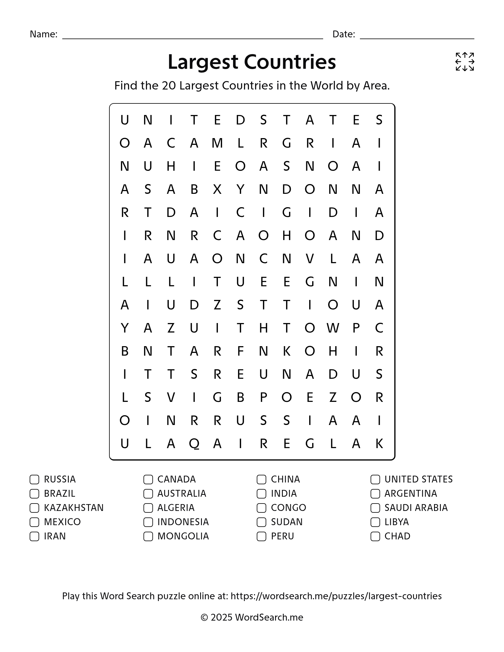 Largest Countries Word Search PDF