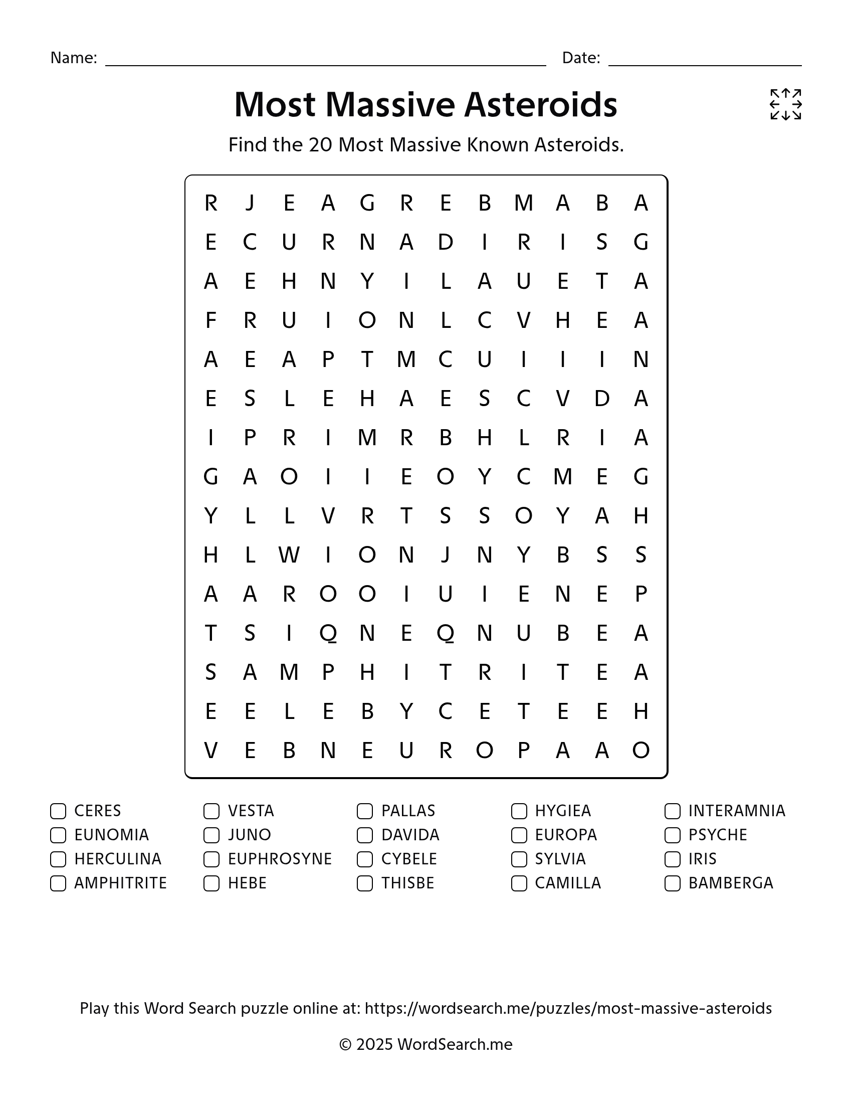 Most Massive Asteroids Word Search PDF