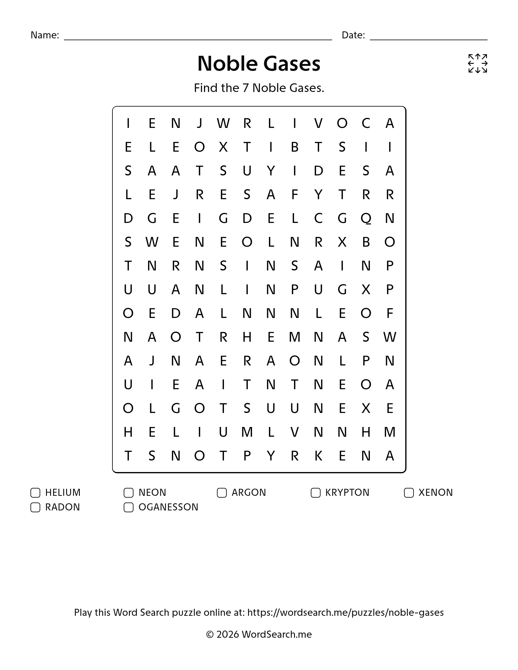 Noble Gases Word Search PDF