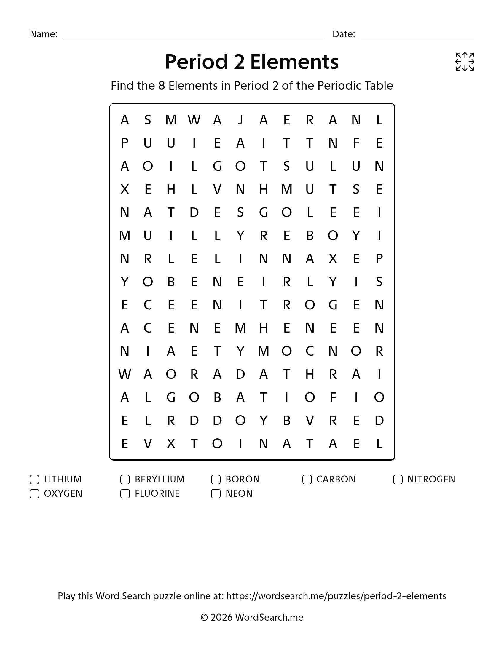 Period 2 Elements Word Search PDF