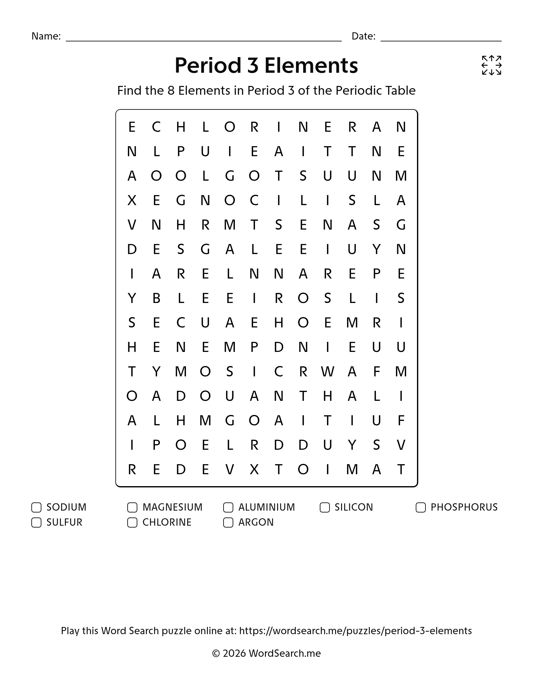 Period 3 Elements Word Search PDF