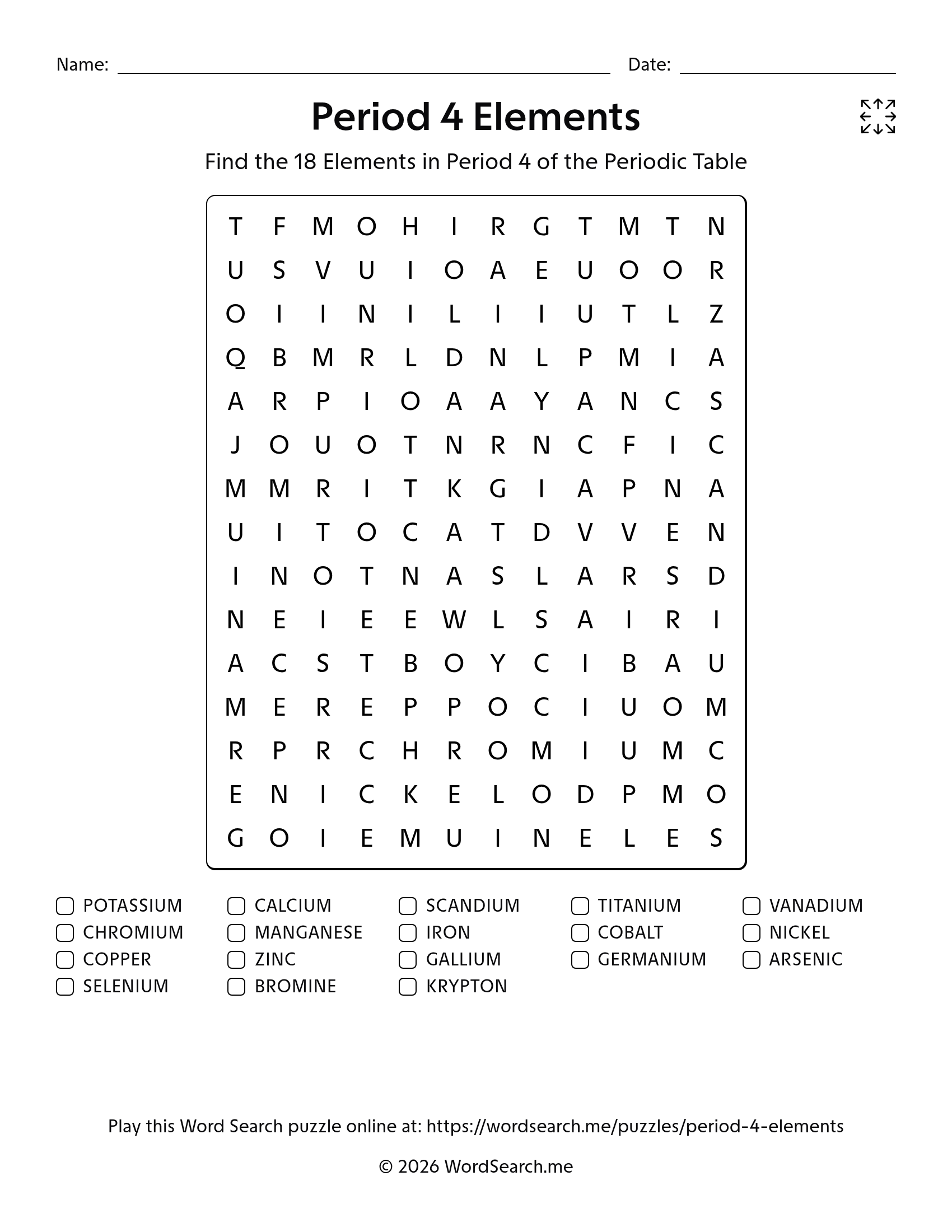 Period 4 Elements Word Search PDF