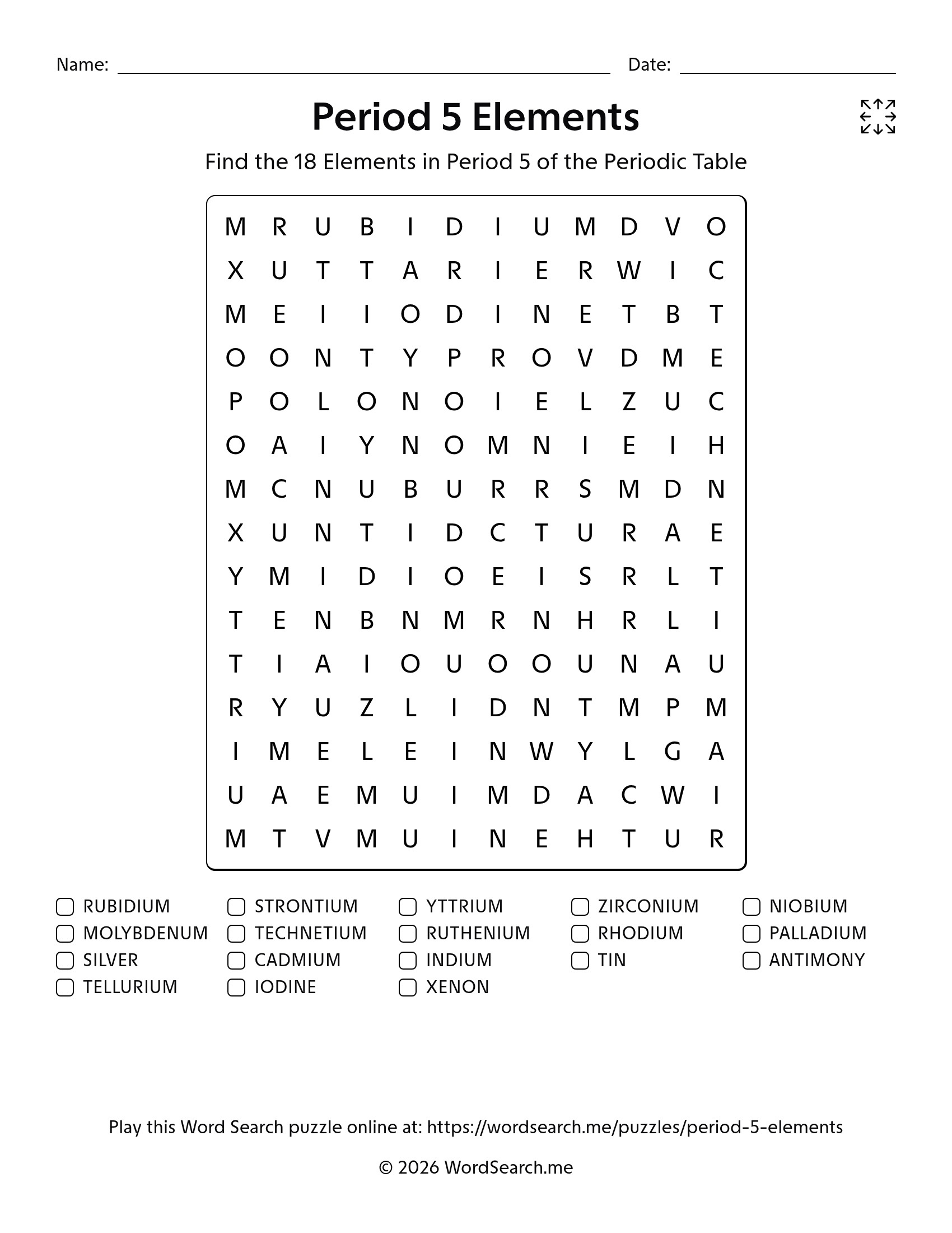Period 5 Elements Word Search PDF