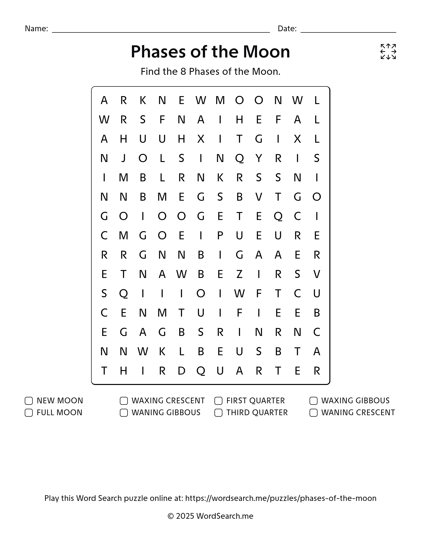 Phases of the Moon Word Search PDF