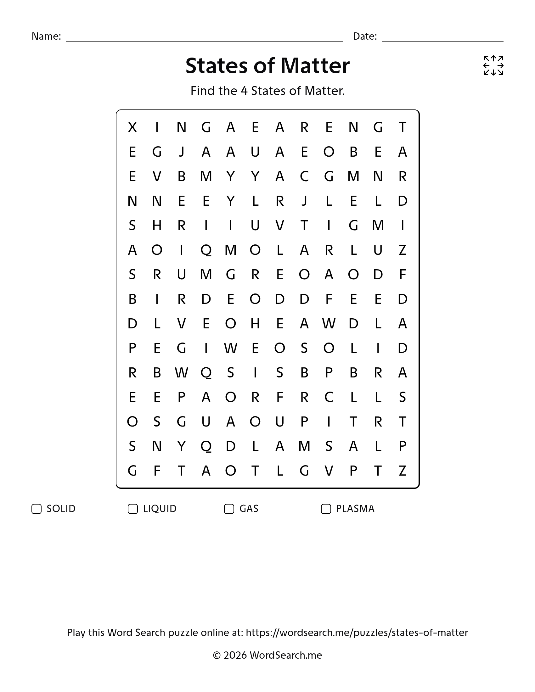 States of Matter Word Search PDF