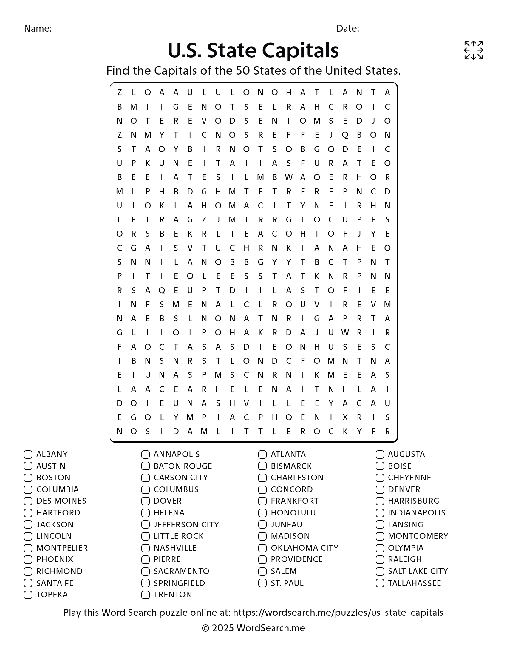 U.S. State Capitals Word Search PDF