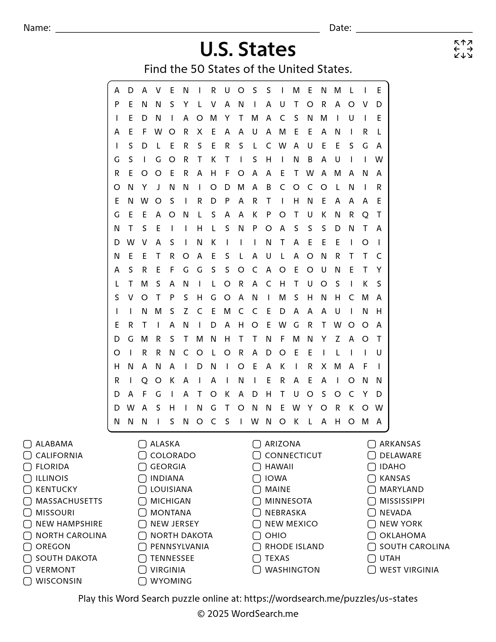 U.S. States Word Search PDF